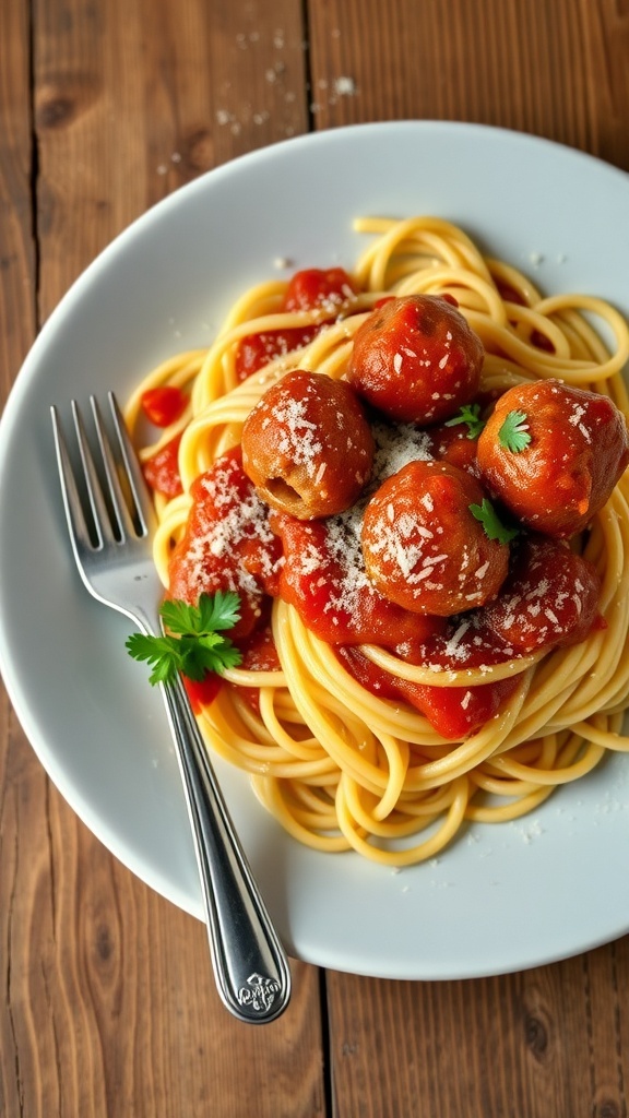 A delicious plate of spaghetti and meatballs with marinara sauce and Parmesan cheese on a wooden table.